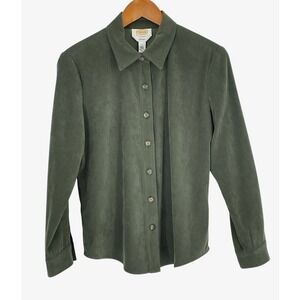 Talbots Women Shirt S Petites Button Down Forest Green Faux Suede Stretch